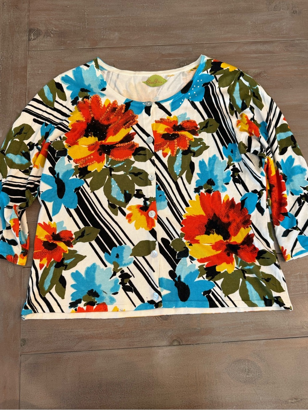 Prima Bella Women’s Cardigan Bright Bold Floral Sequins No Sz Listed Preowned